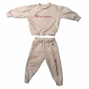 Champion Kids Cream Sweatshirt & Joggers with Pink Logo